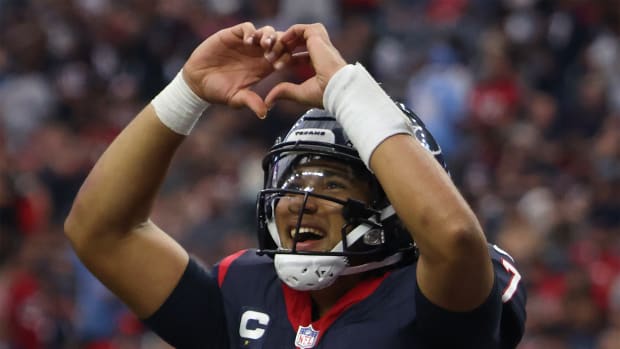 Nov 5, 2023; Houston, Texas, USA; Houston Texans quarterback C.J. Stroud (7) celebrates his touchdown against the Tampa Bay Buccaneers in the fourth quarter at NRG Stadium. 